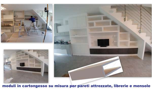 PARETE ATTREZZATA IN CARTONGESSO|Moduli in cartongesso per librerie|MENSOLE IN CARTONGESSO||||